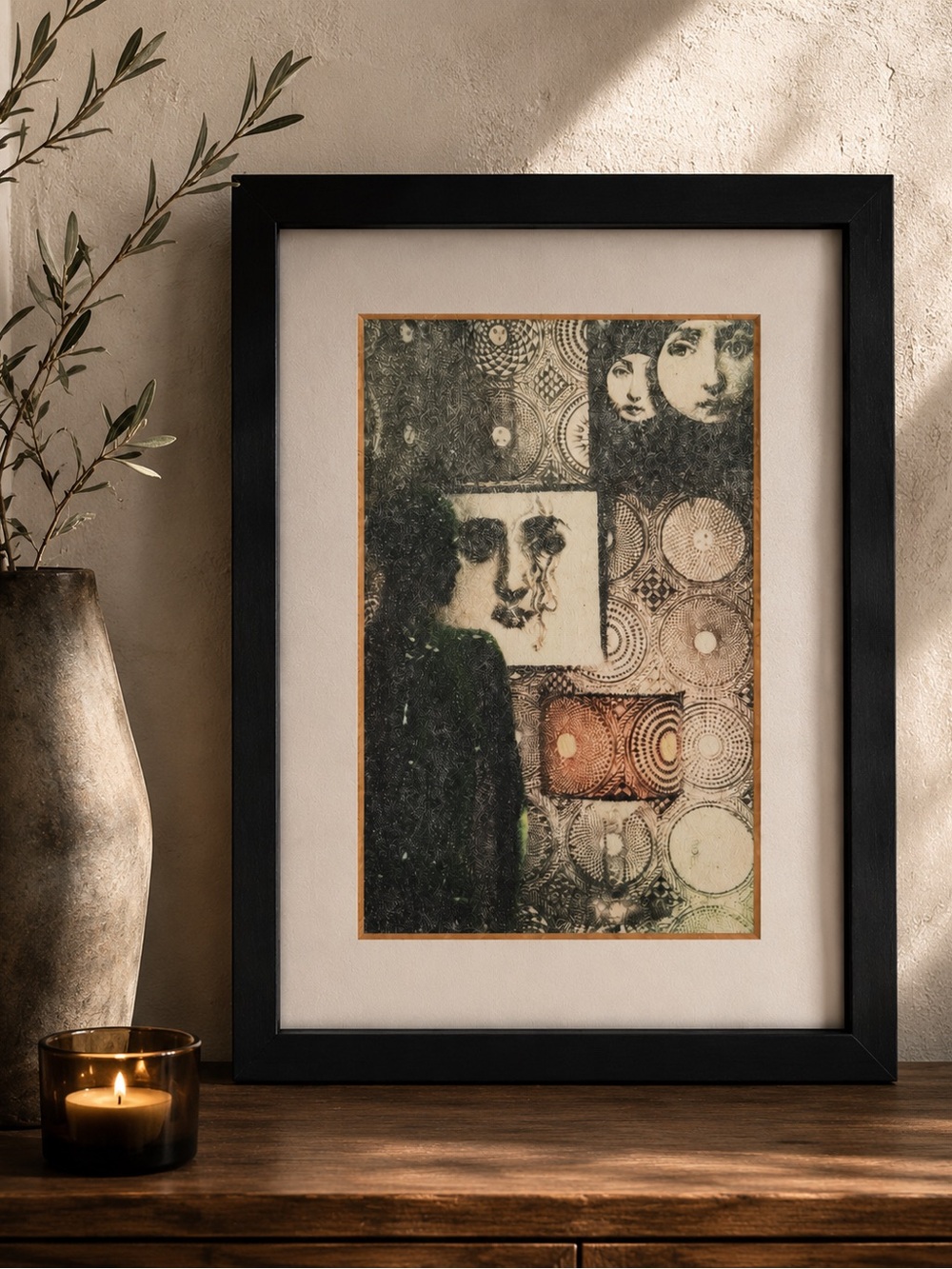 Black Framed Abstract Face Art Print in Muted Earth Tones